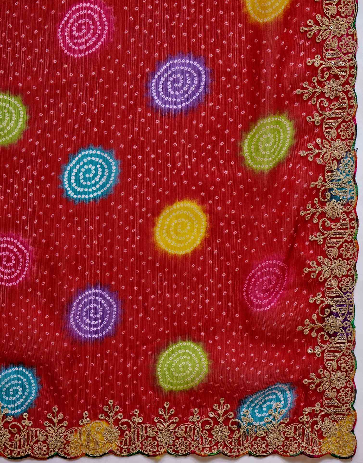 Red Chiffon Bandhani Printed Embroidery Saree