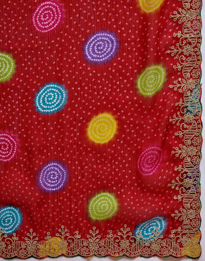 Red Chiffon Bandhani Printed Embroidery Saree