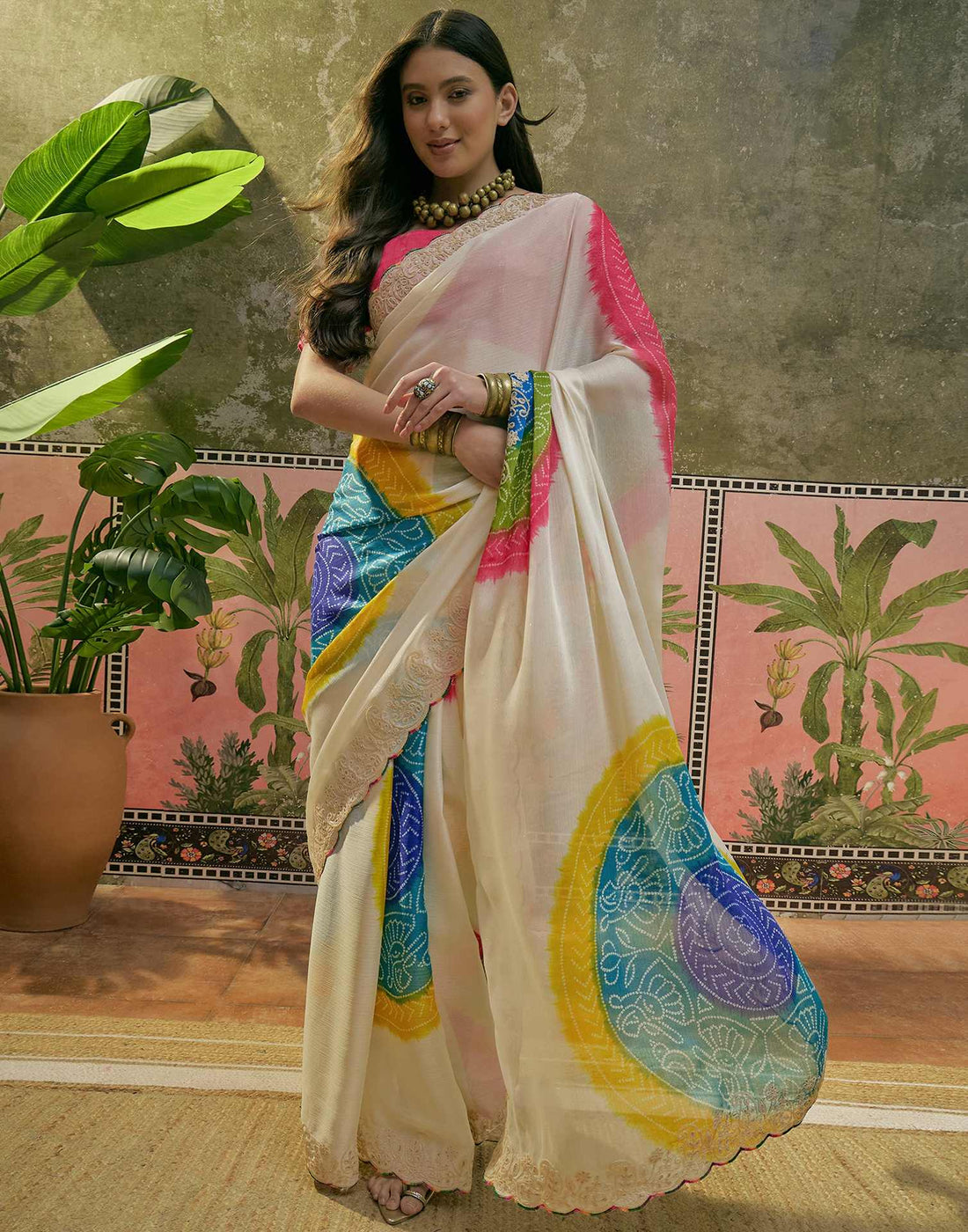 Off White Chiffon Bandhani Printed Embroidery Saree