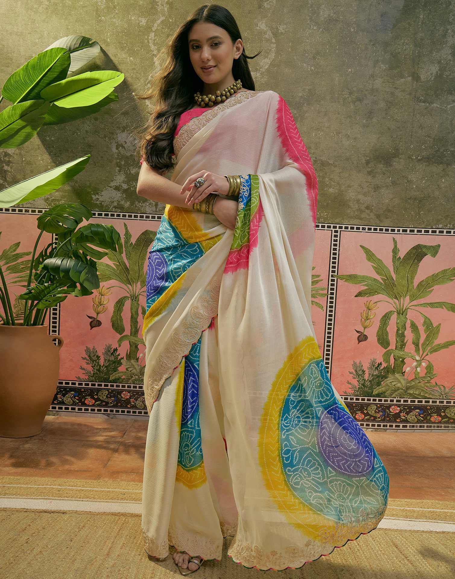 Off White Chiffon Bandhani Printed Embroidery Saree
