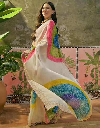 Off White Chiffon Bandhani Printed Embroidery Saree