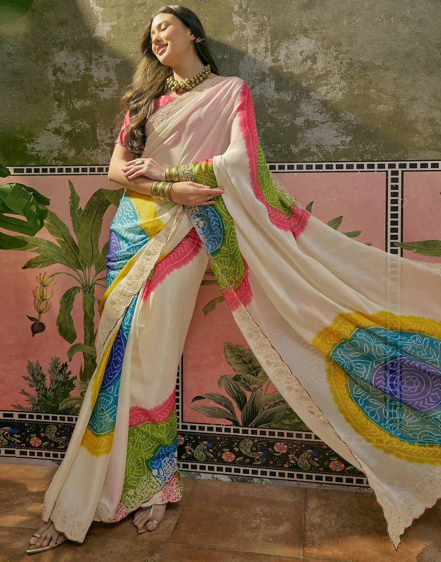 Off White Chiffon Bandhani Printed Embroidery Saree