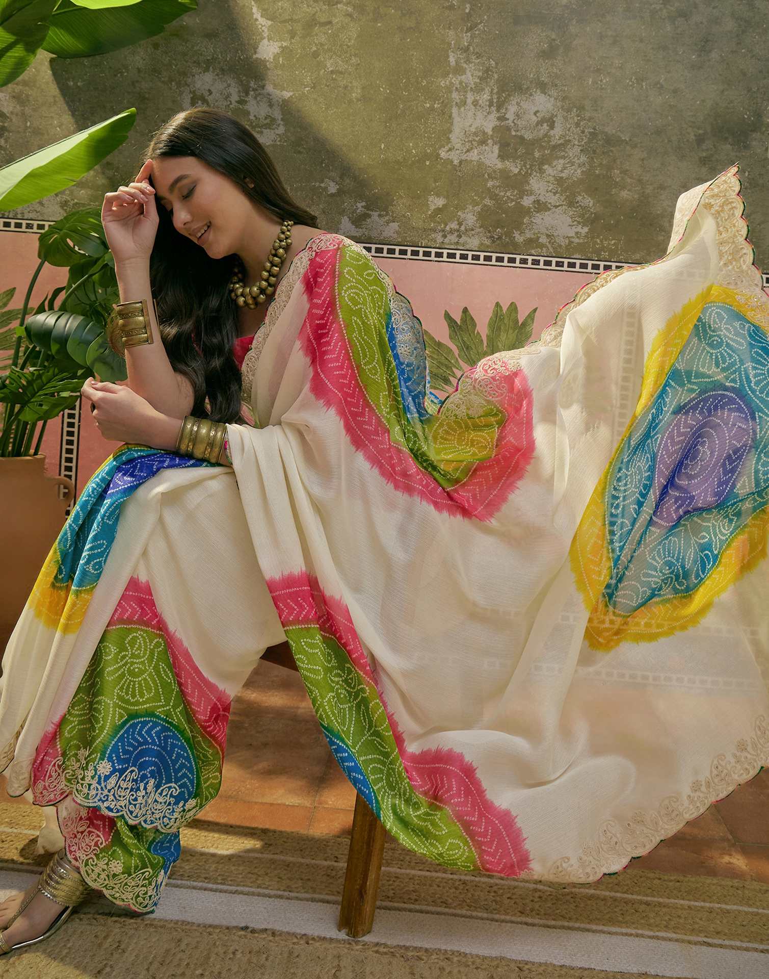 Off White Chiffon Bandhani Printed Embroidery Saree