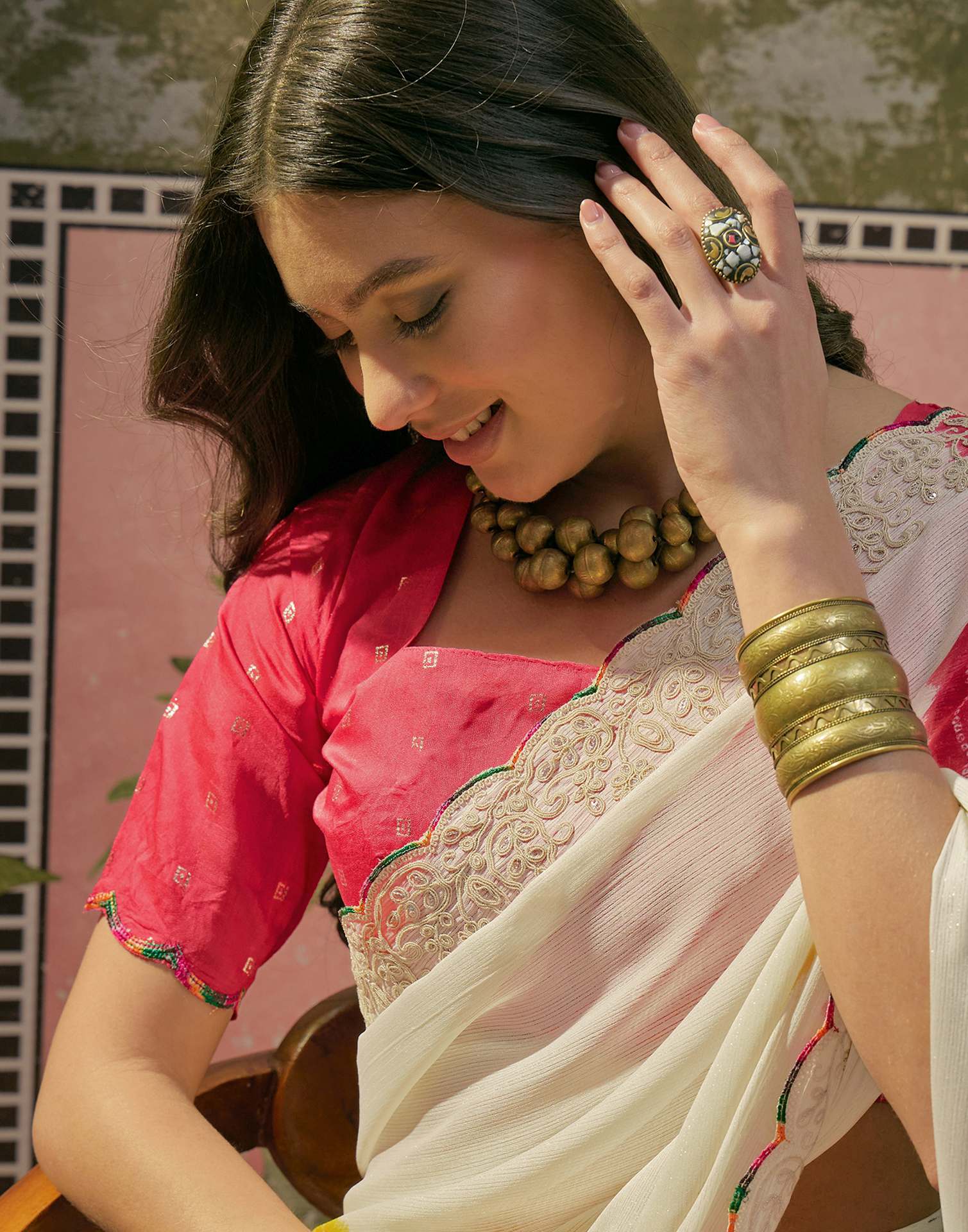 Off White Chiffon Bandhani Printed Embroidery Saree