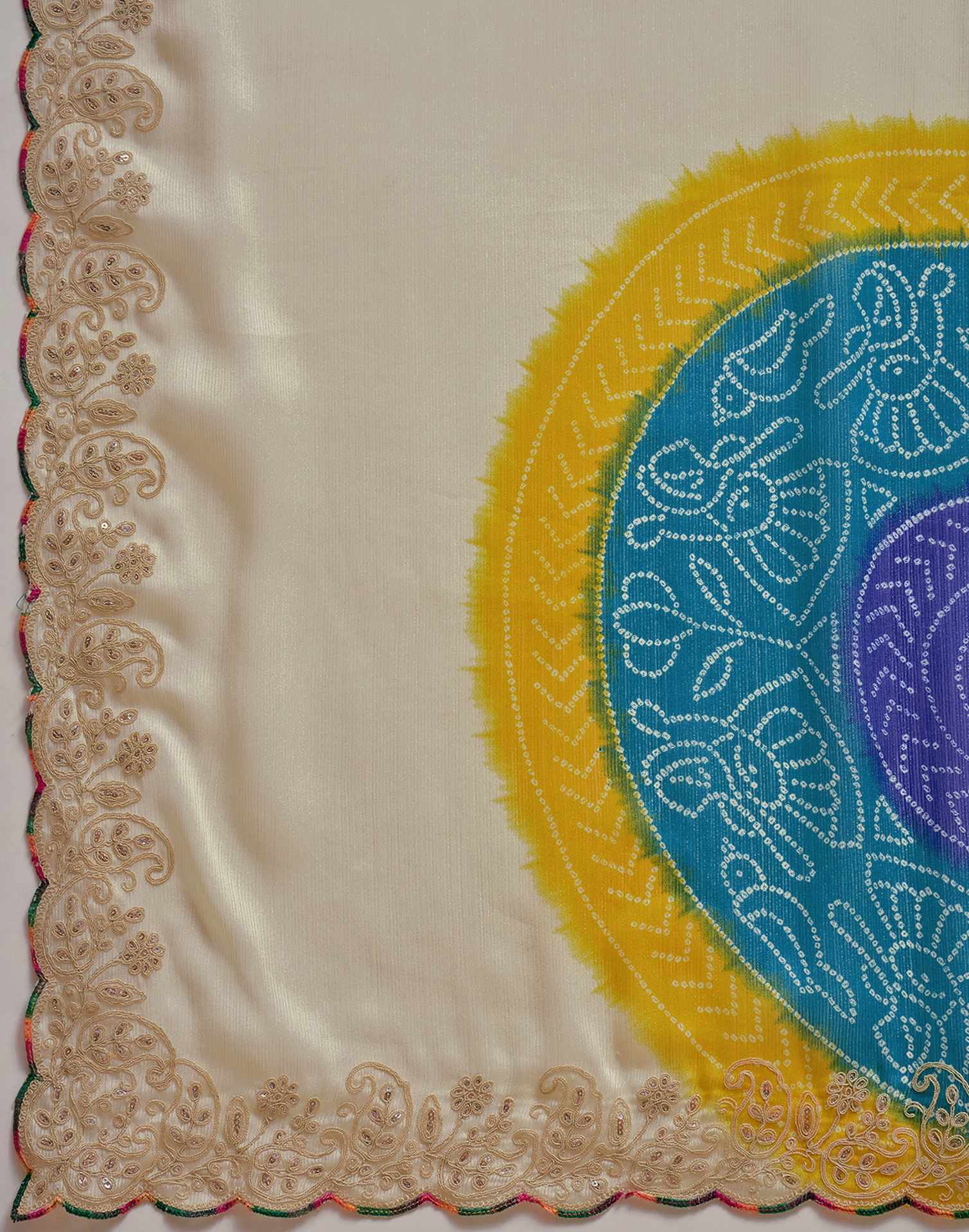 Off White Chiffon Bandhani Printed Embroidery Saree