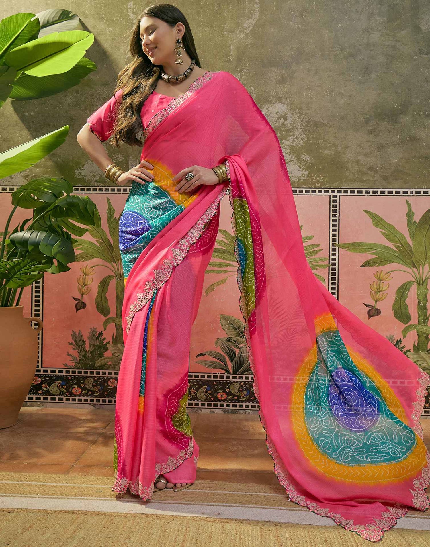 Pink Chiffon Bandhani Printed Embroidery Saree