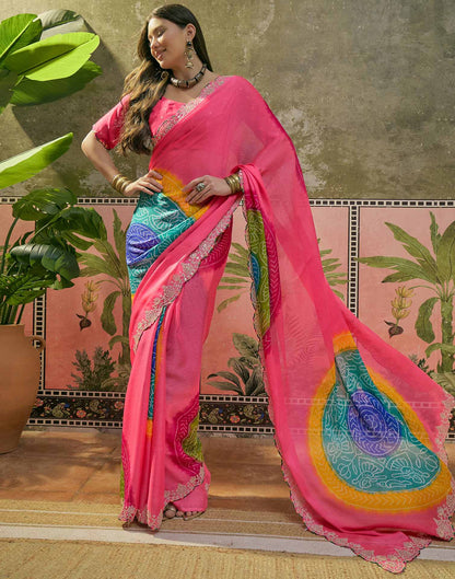 Pink Chiffon Bandhani Printed Embroidery Saree