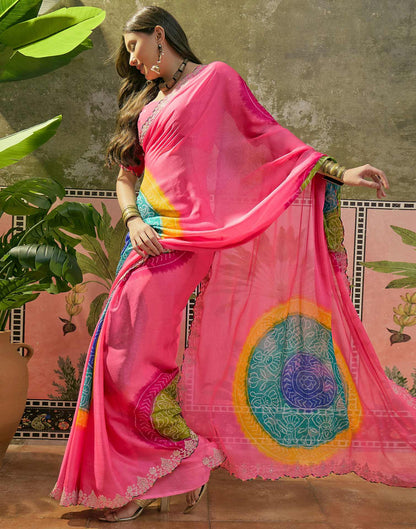 Pink Chiffon Bandhani Printed Embroidery Saree