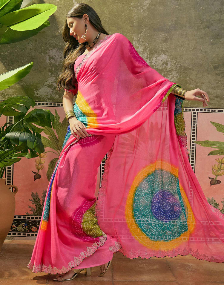 Pink Chiffon Bandhani Printed Embroidery Saree