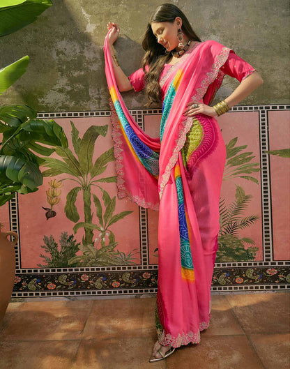 Pink Chiffon Bandhani Printed Embroidery Saree