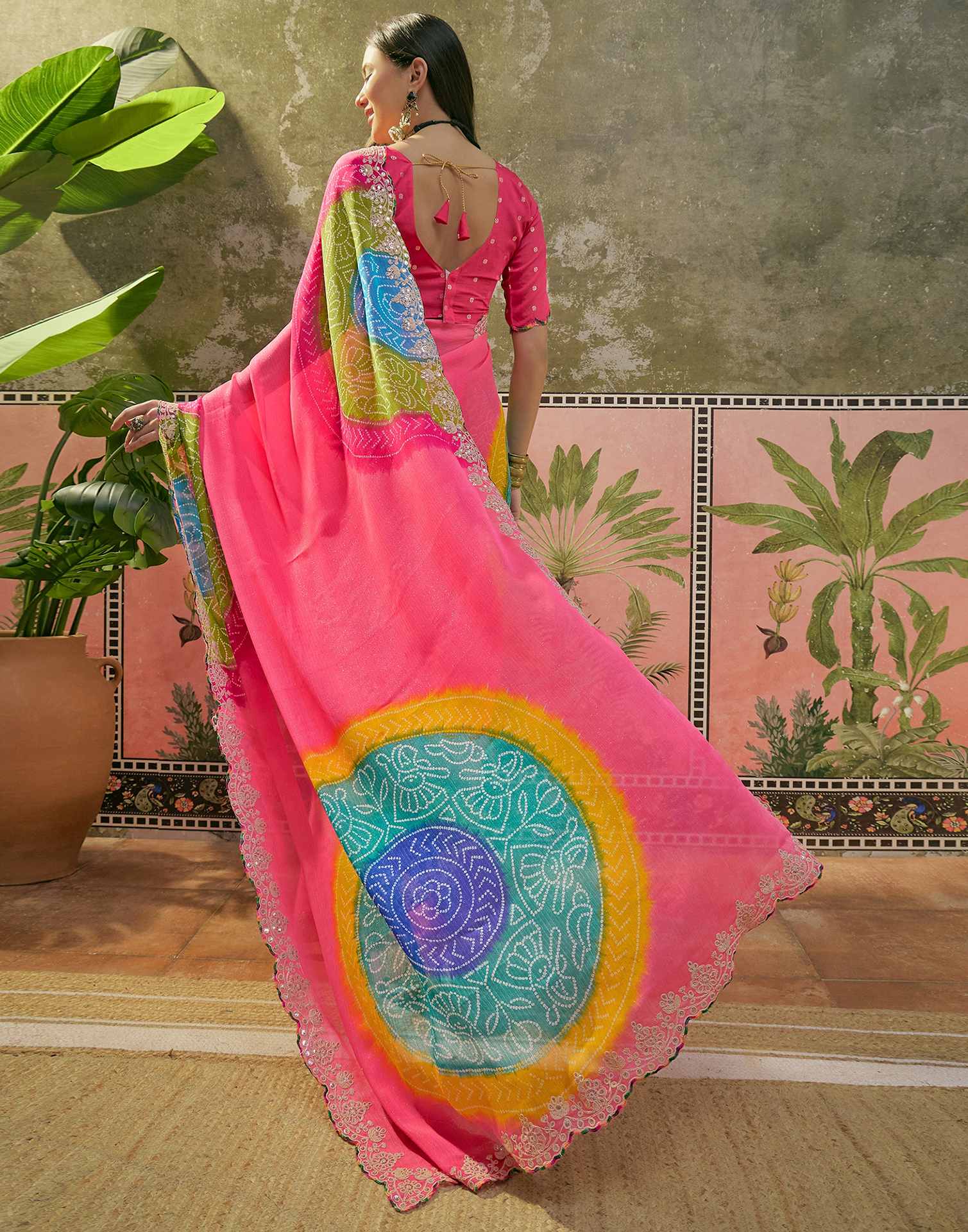 Pink Chiffon Bandhani Printed Embroidery Saree