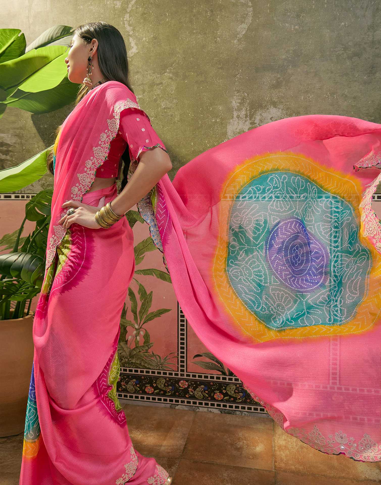 Pink Chiffon Bandhani Printed Embroidery Saree