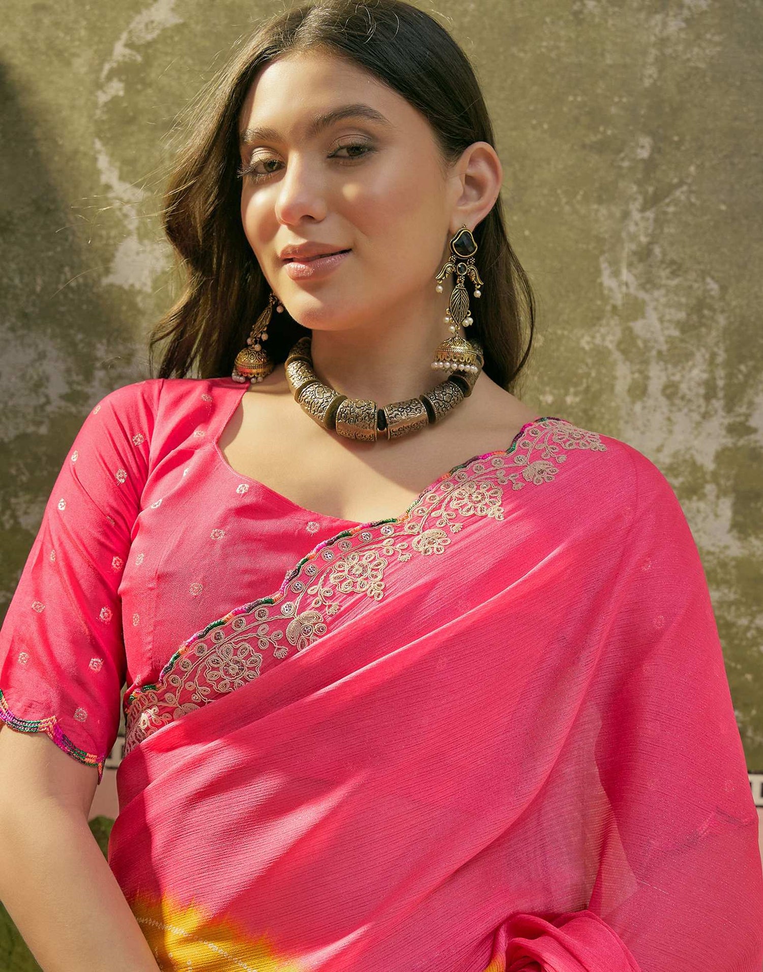 Pink Chiffon Bandhani Printed Embroidery Saree