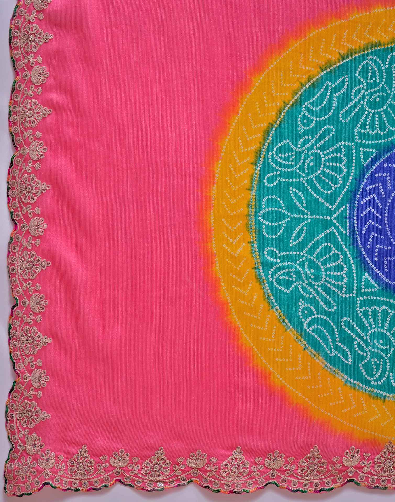 Pink Chiffon Bandhani Printed Embroidery Saree
