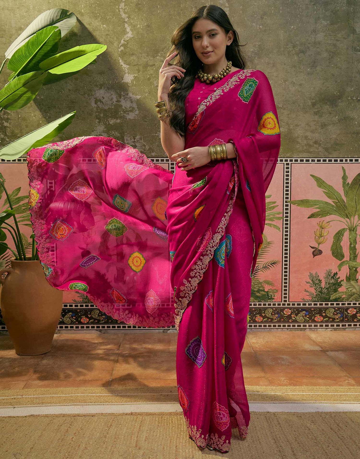 Dark Rani Pink Chiffon Bandhani Printed Embroidery Saree