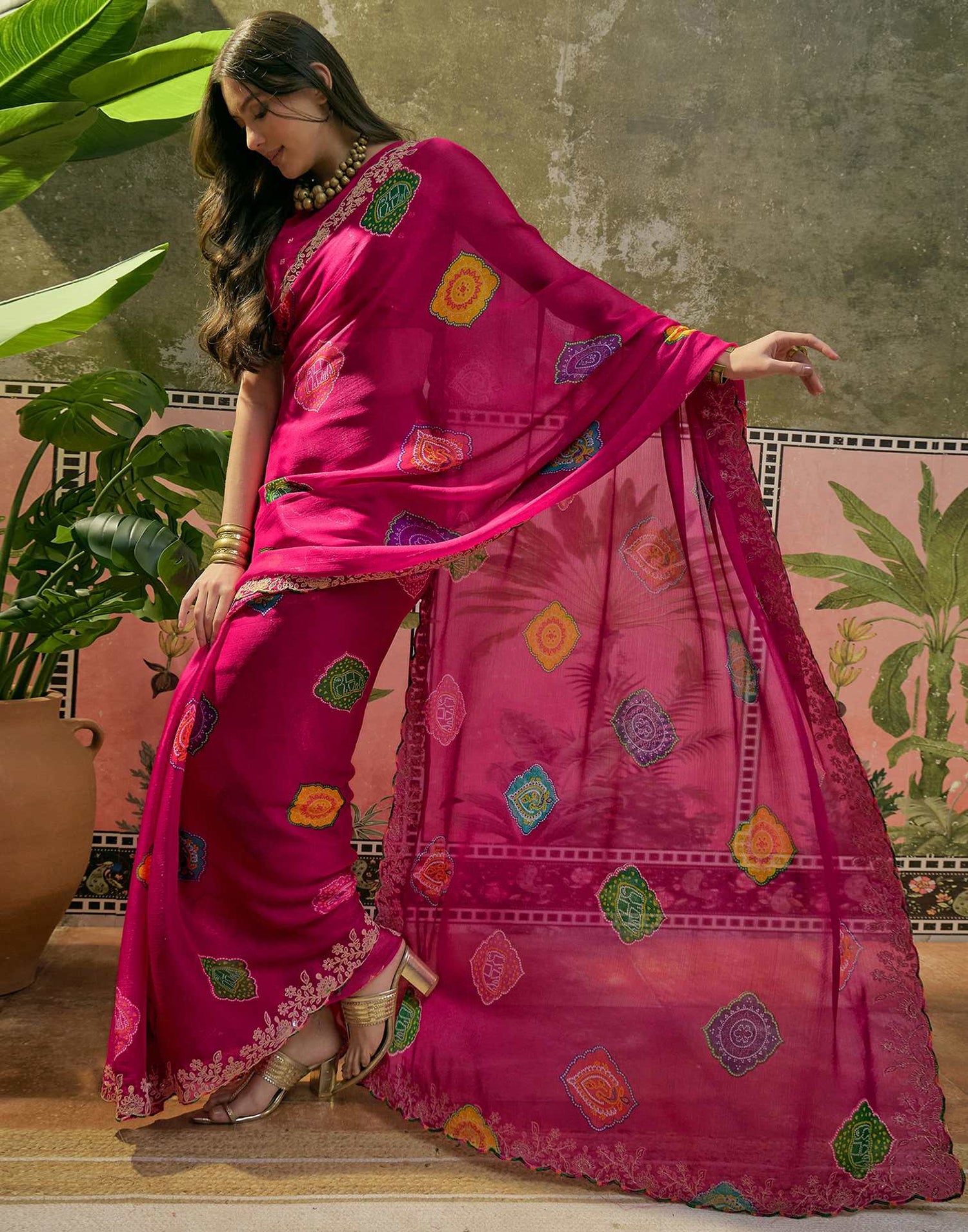 Dark Rani Pink Chiffon Bandhani Printed Embroidery Saree