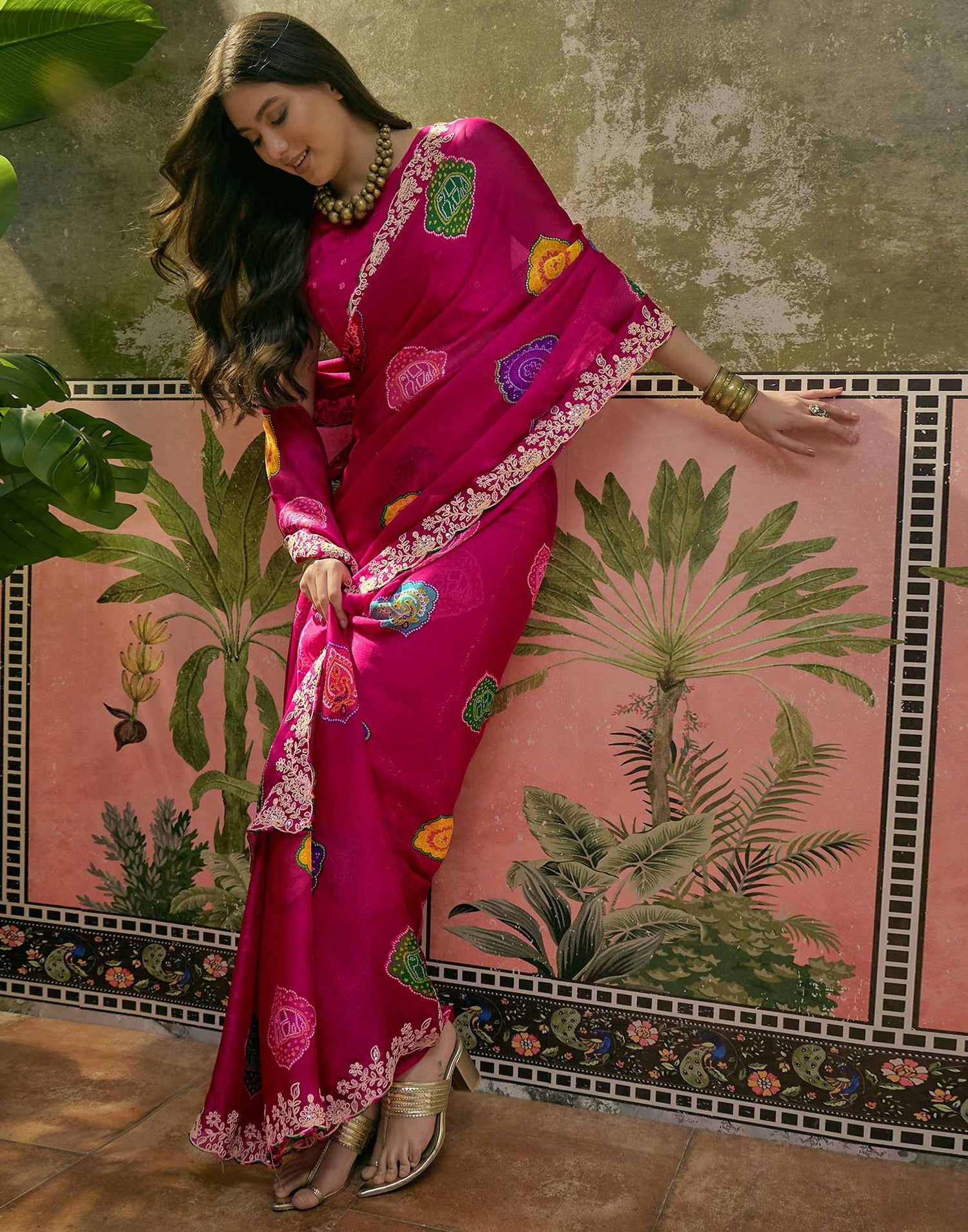 Dark Rani Pink Chiffon Bandhani Printed Embroidery Saree