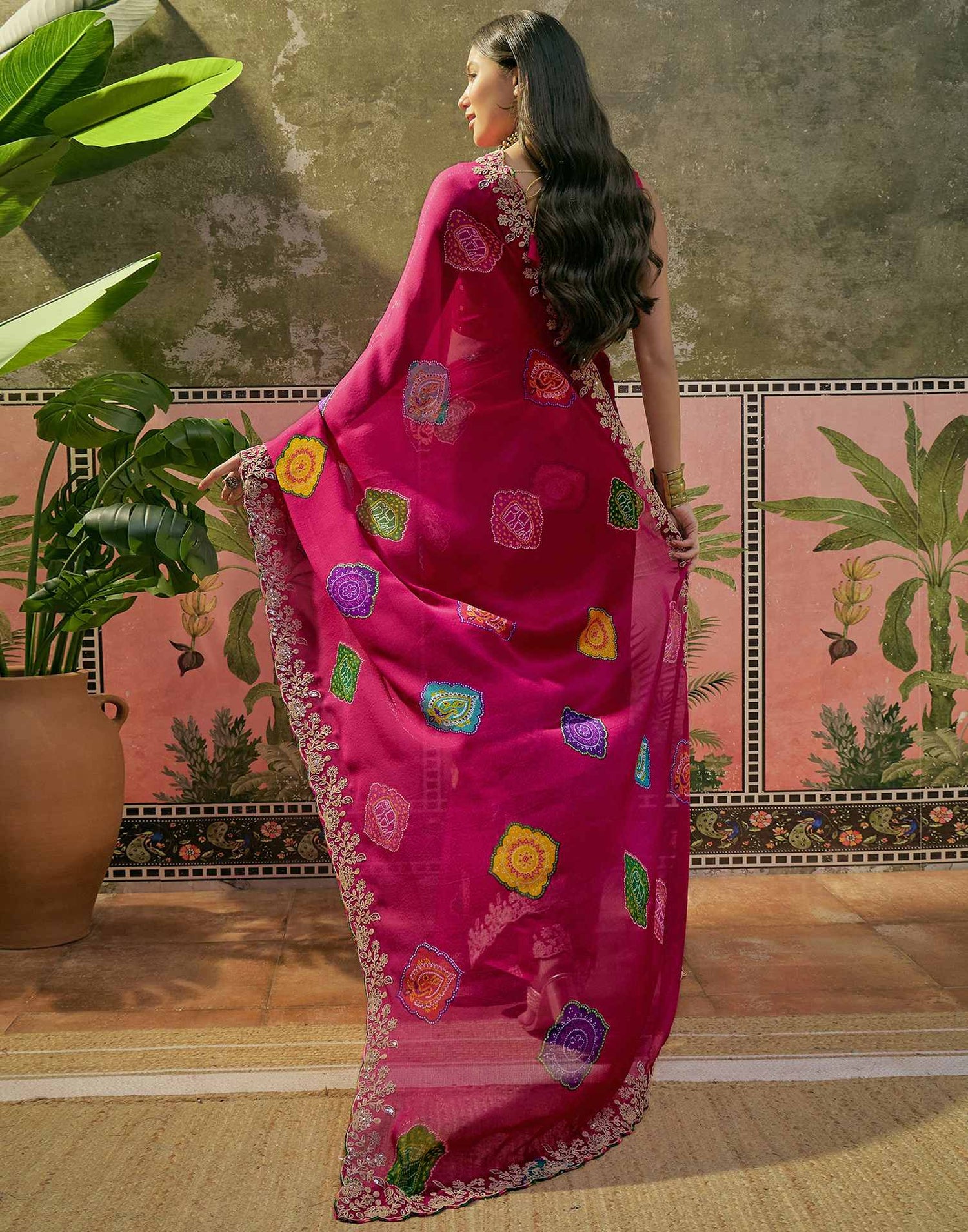 Dark Rani Pink Chiffon Bandhani Printed Embroidery Saree