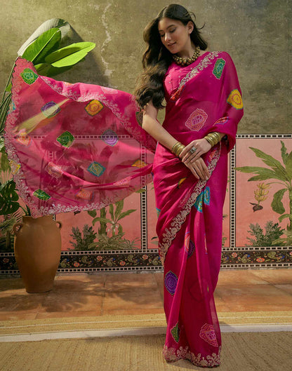 Dark Rani Pink Chiffon Bandhani Printed Embroidery Saree