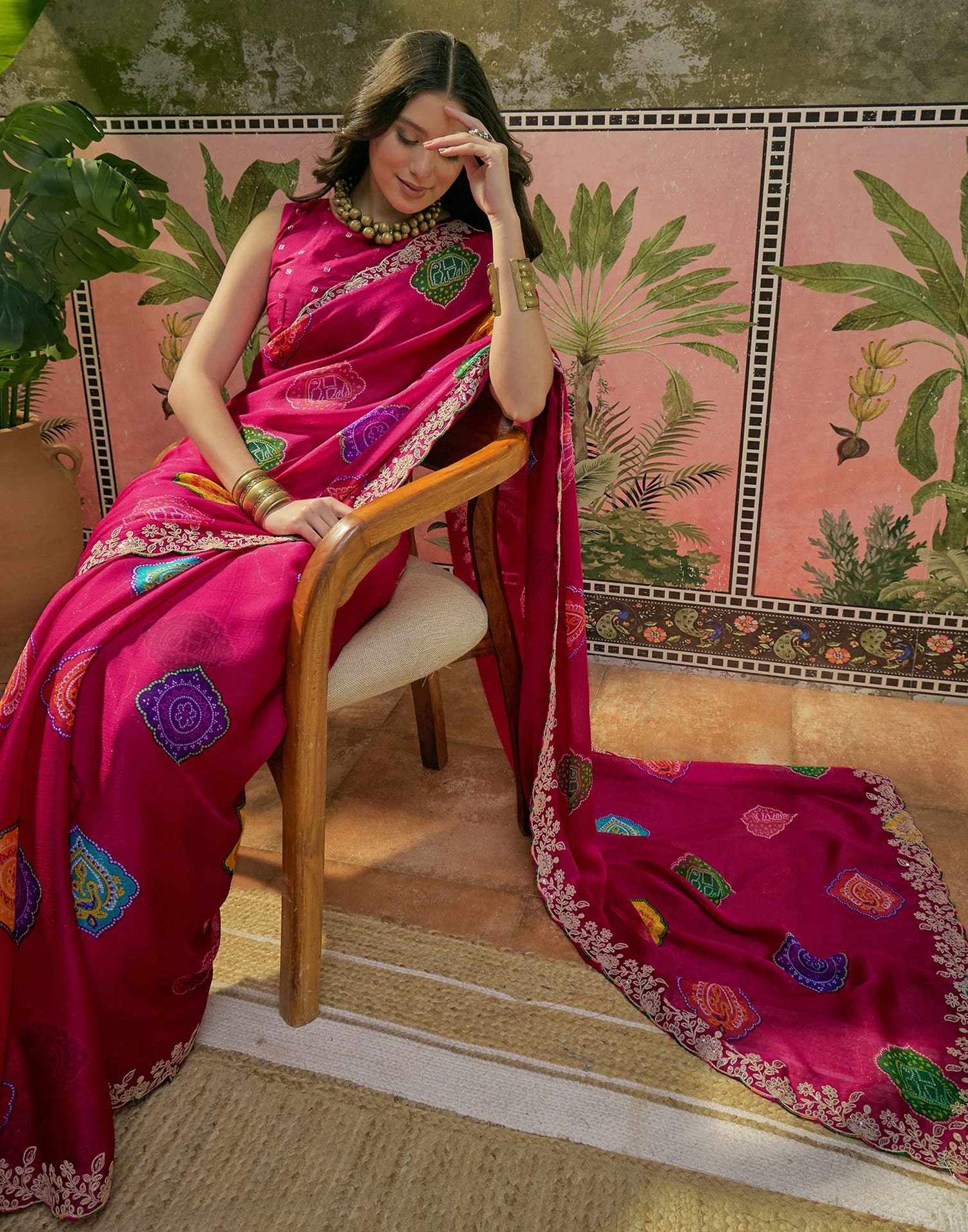Dark Rani Pink Chiffon Bandhani Printed Embroidery Saree
