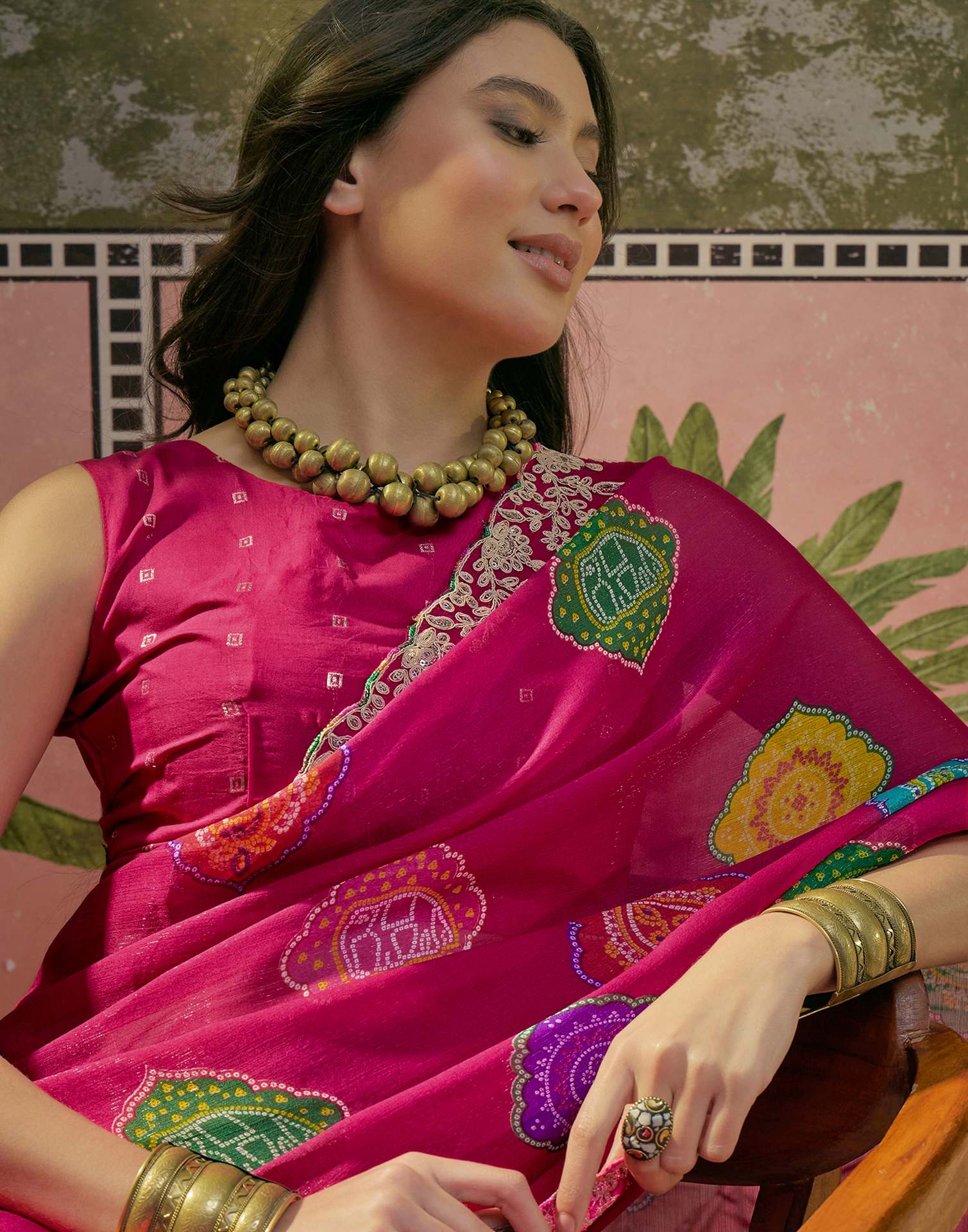 Dark Rani Pink Chiffon Bandhani Printed Embroidery Saree