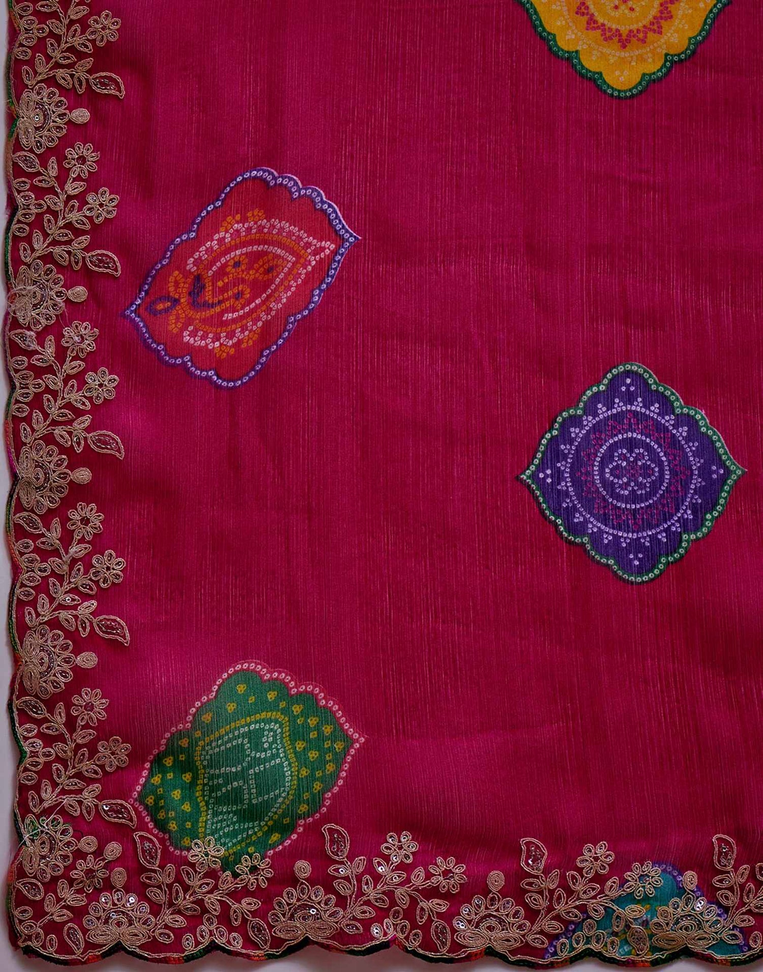 Dark Rani Pink Chiffon Bandhani Printed Embroidery Saree