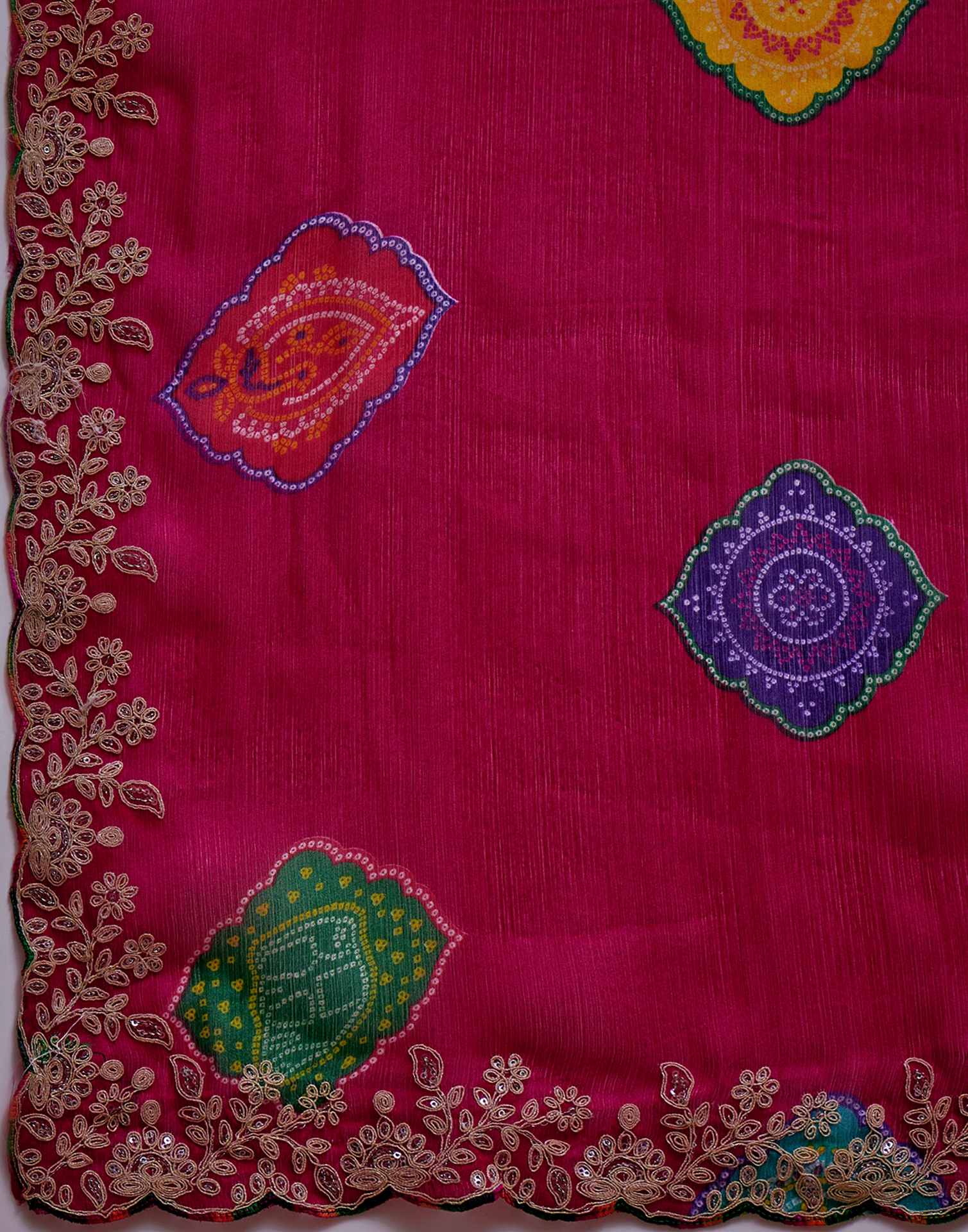 Dark Rani Pink Chiffon Bandhani Printed Embroidery Saree