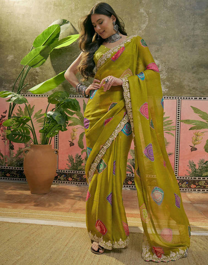 Lime Green Chiffon Bandhani Printed Embroidery Saree