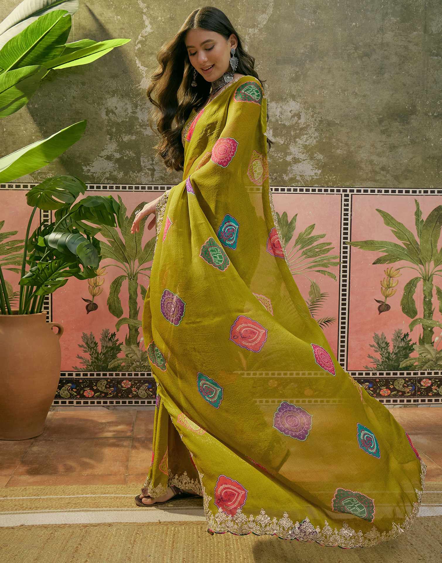 Lime Green Chiffon Bandhani Printed Embroidery Saree