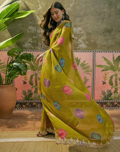 Lime Green Chiffon Bandhani Printed Embroidery Saree