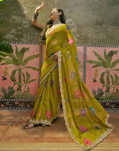 Lime Green Chiffon Bandhani Printed Embroidery Saree