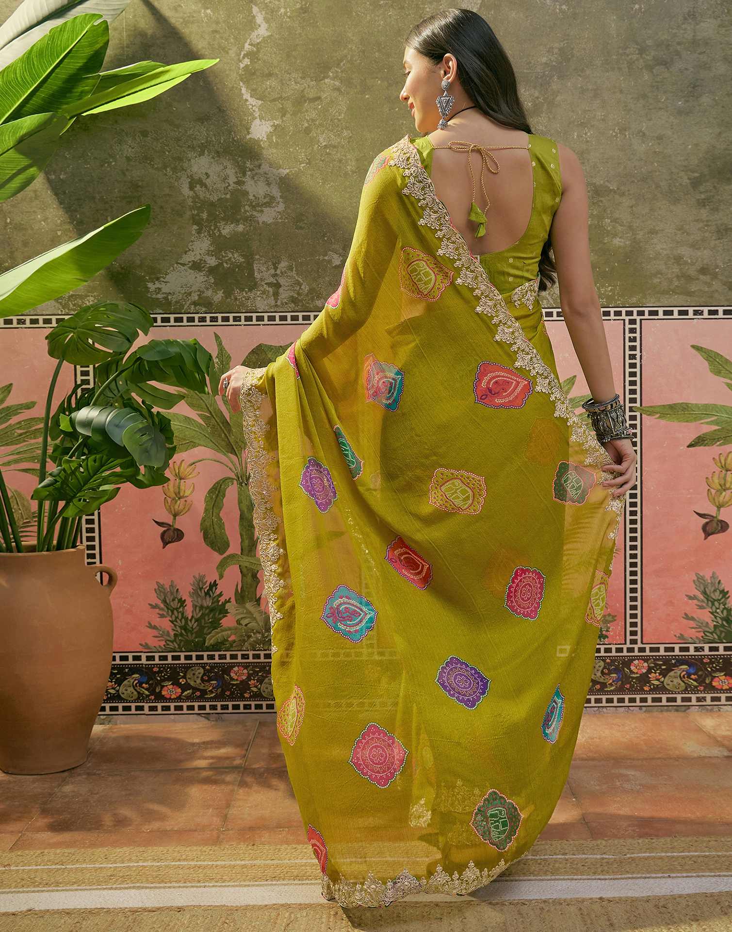 Lime Green Chiffon Bandhani Printed Embroidery Saree