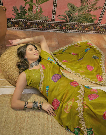 Lime Green Chiffon Bandhani Printed Embroidery Saree