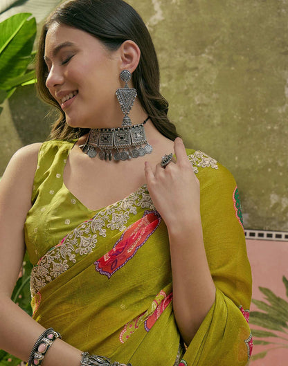 Lime Green Chiffon Bandhani Printed Embroidery Saree