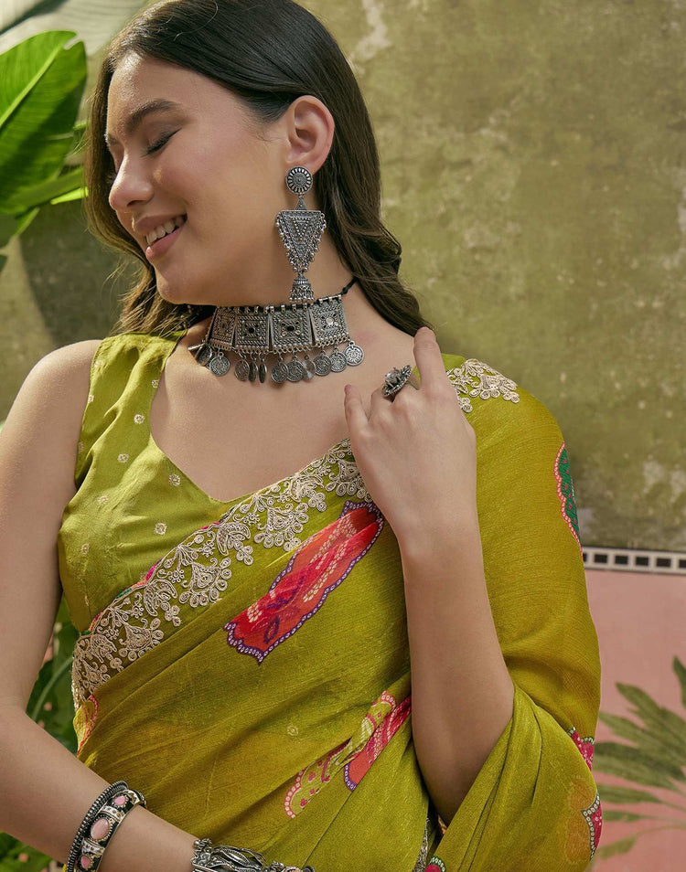 Lime Green Chiffon Bandhani Printed Embroidery Saree