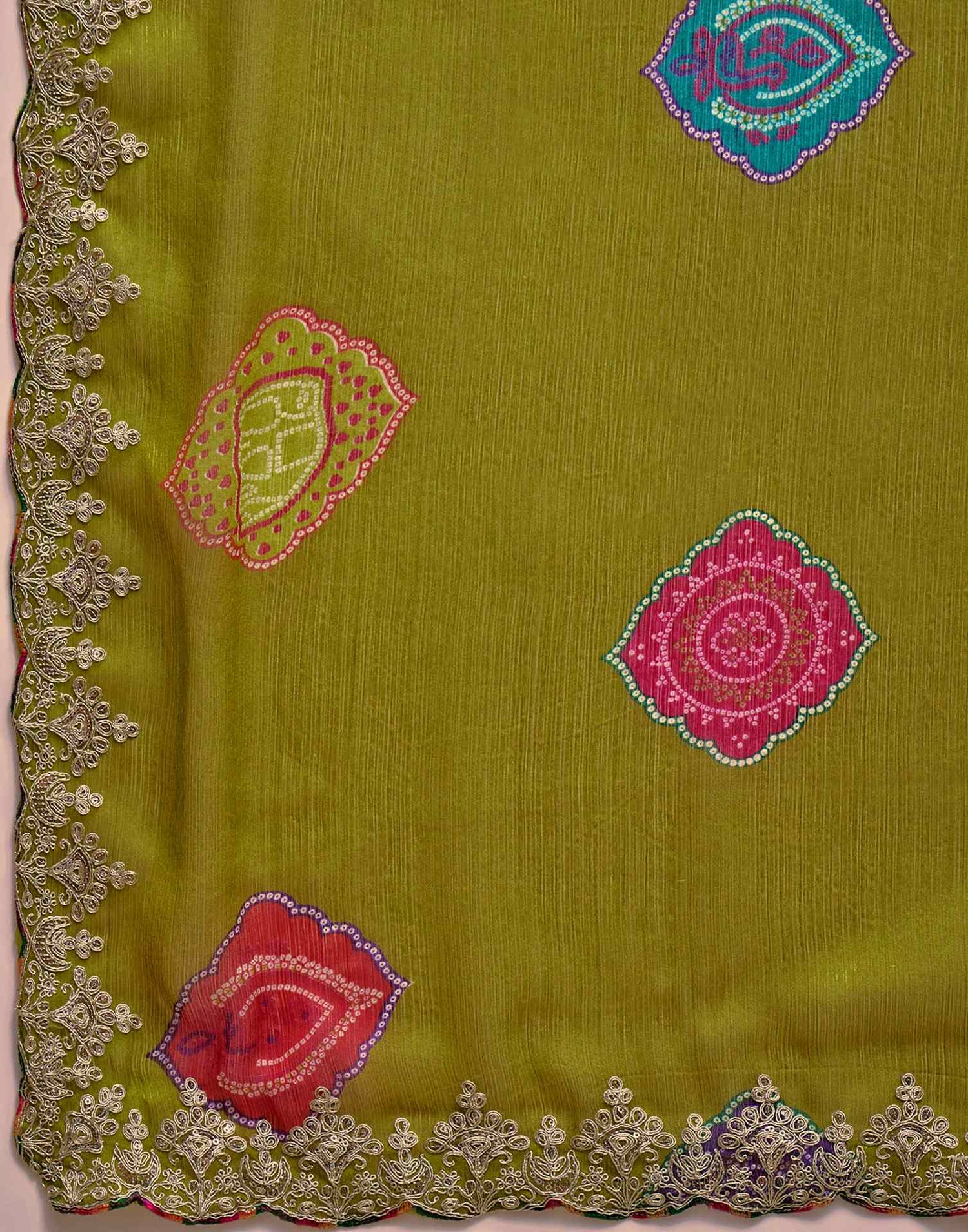 Lime Green Chiffon Bandhani Printed Embroidery Saree
