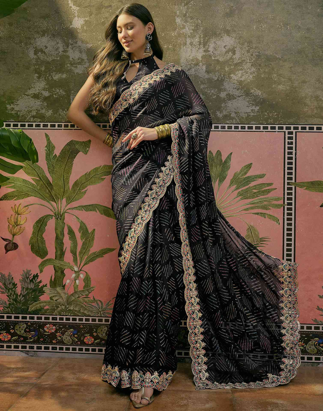 Black Chiffon Bandhani Printed Embroidery Saree