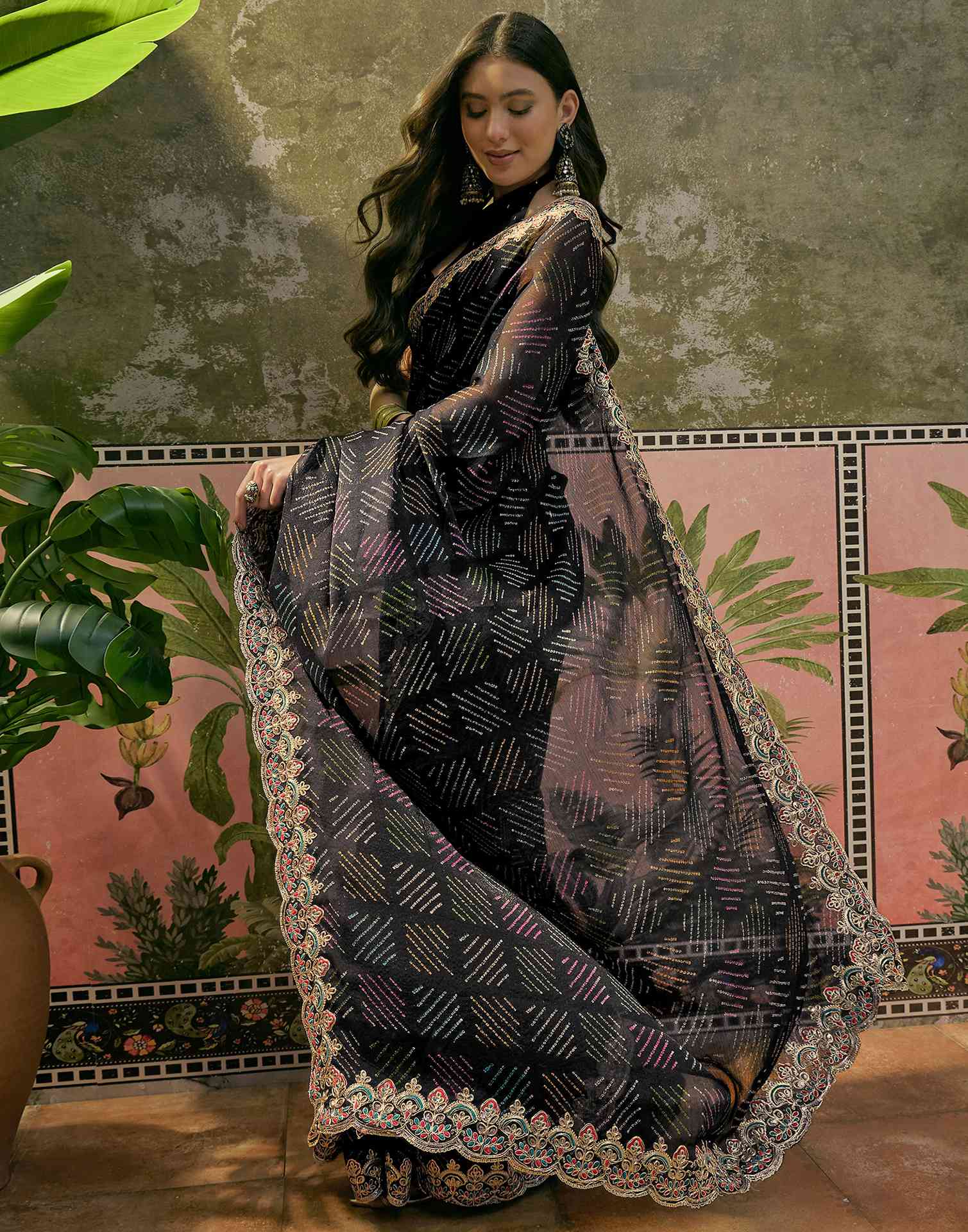 Black Chiffon Bandhani Printed Embroidery Saree