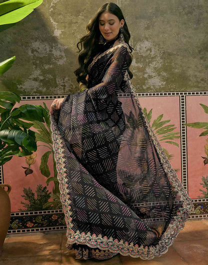 Black Chiffon Bandhani Printed Embroidery Saree