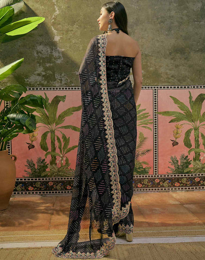 Black Chiffon Bandhani Printed Embroidery Saree