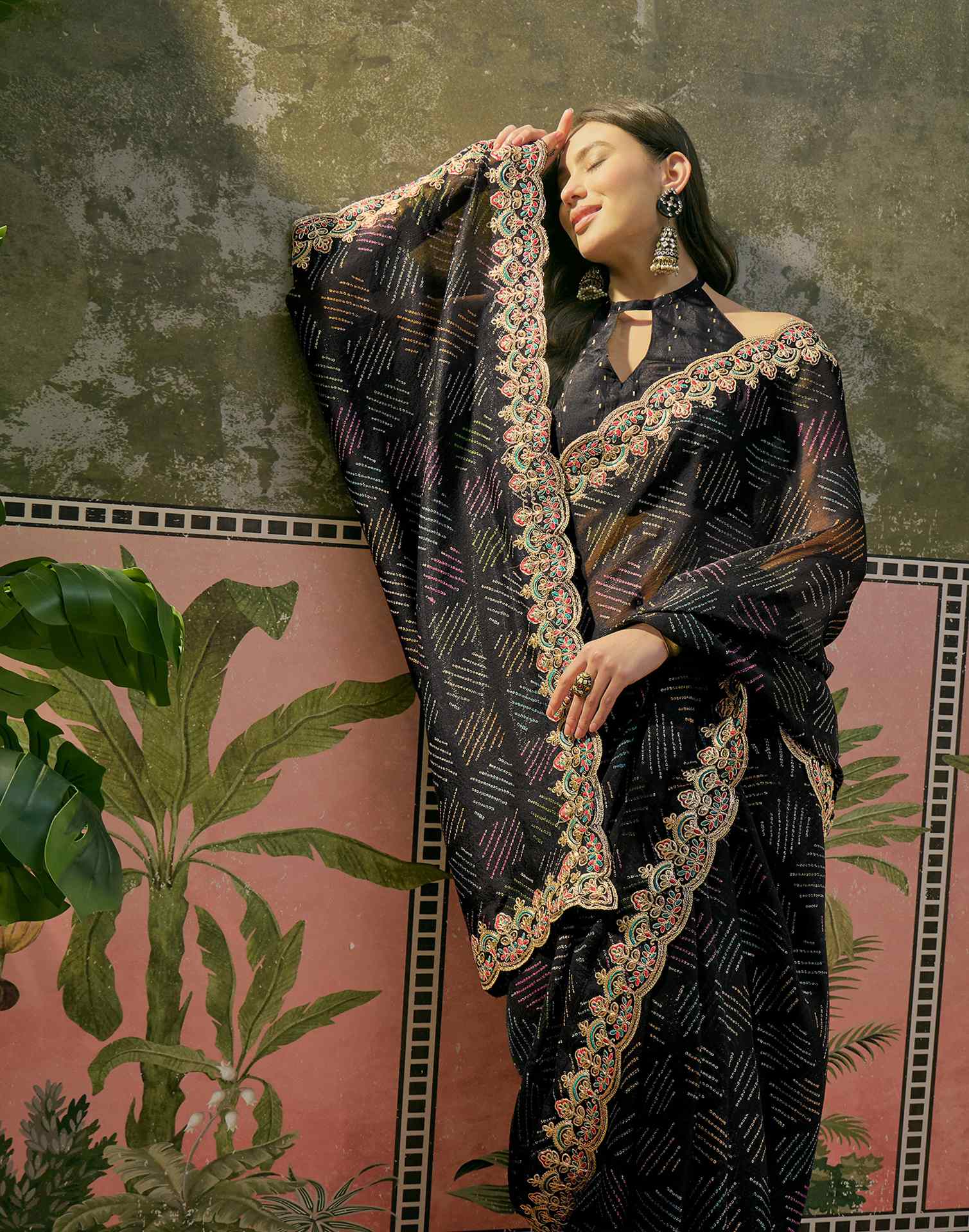 Black Chiffon Bandhani Printed Embroidery Saree