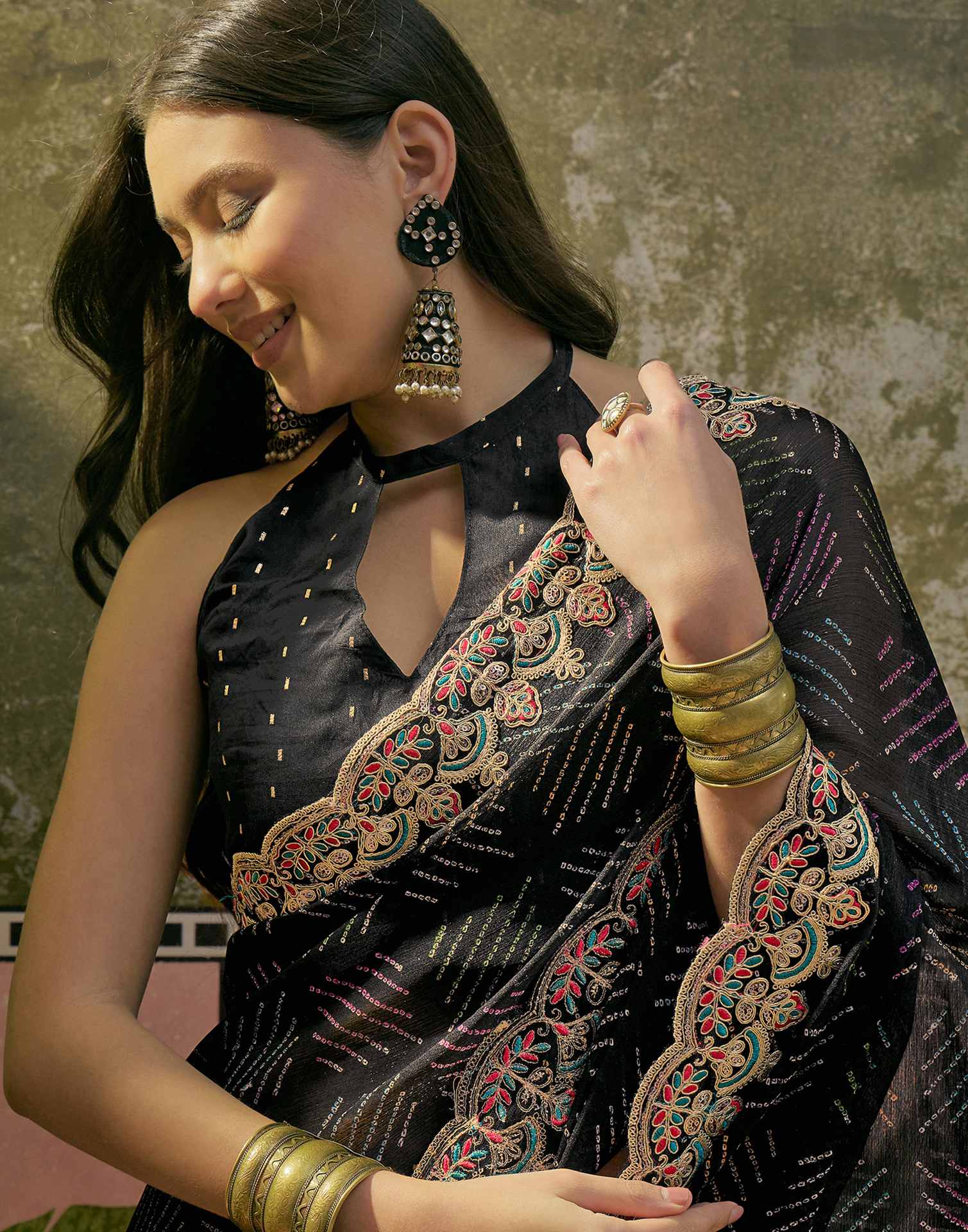 Black Chiffon Bandhani Printed Embroidery Saree