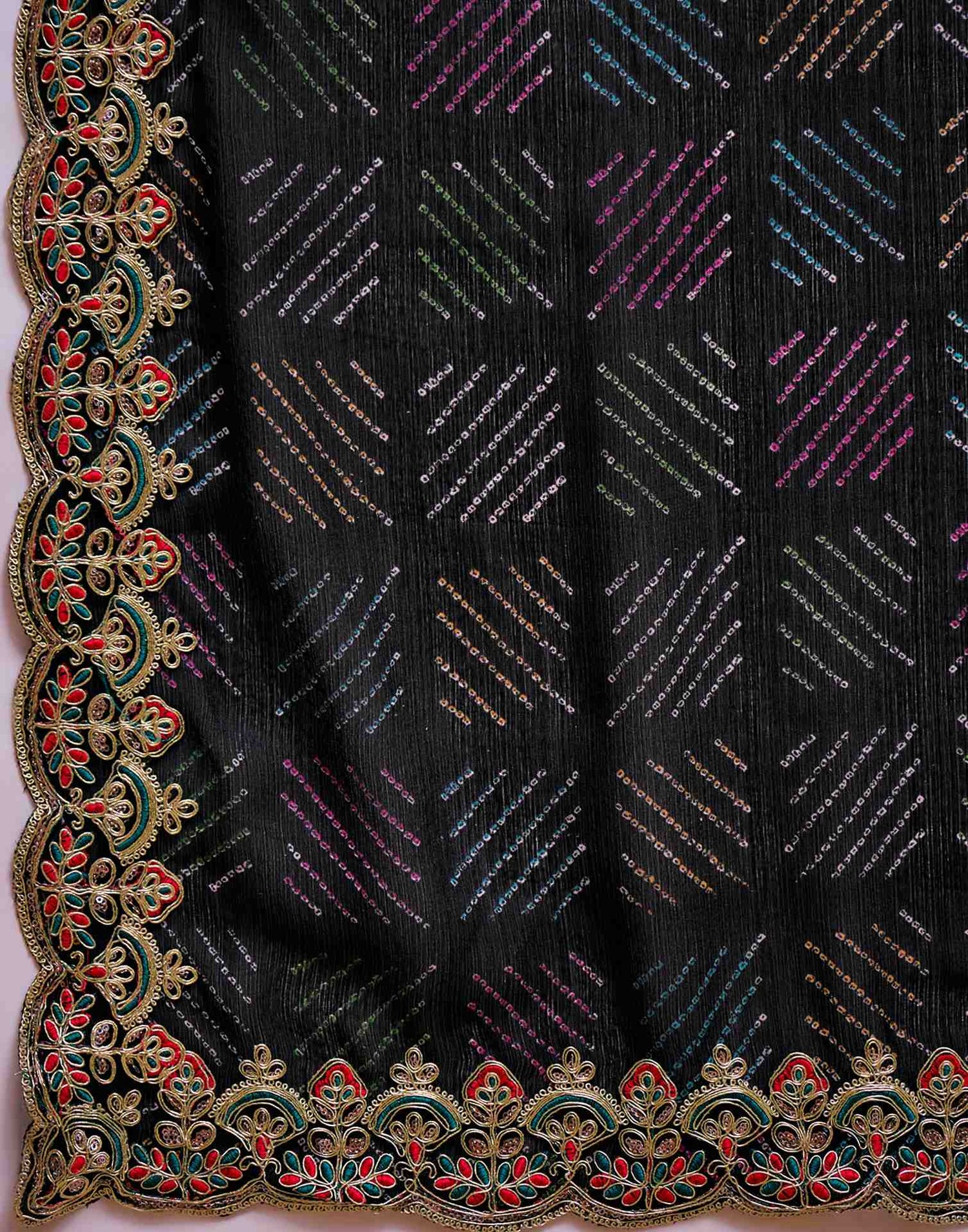 Black Chiffon Bandhani Printed Embroidery Saree