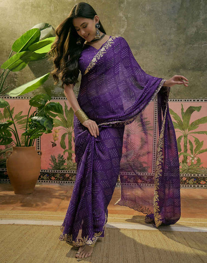 Purple Chiffon Bandhani Printed Embroidery Saree