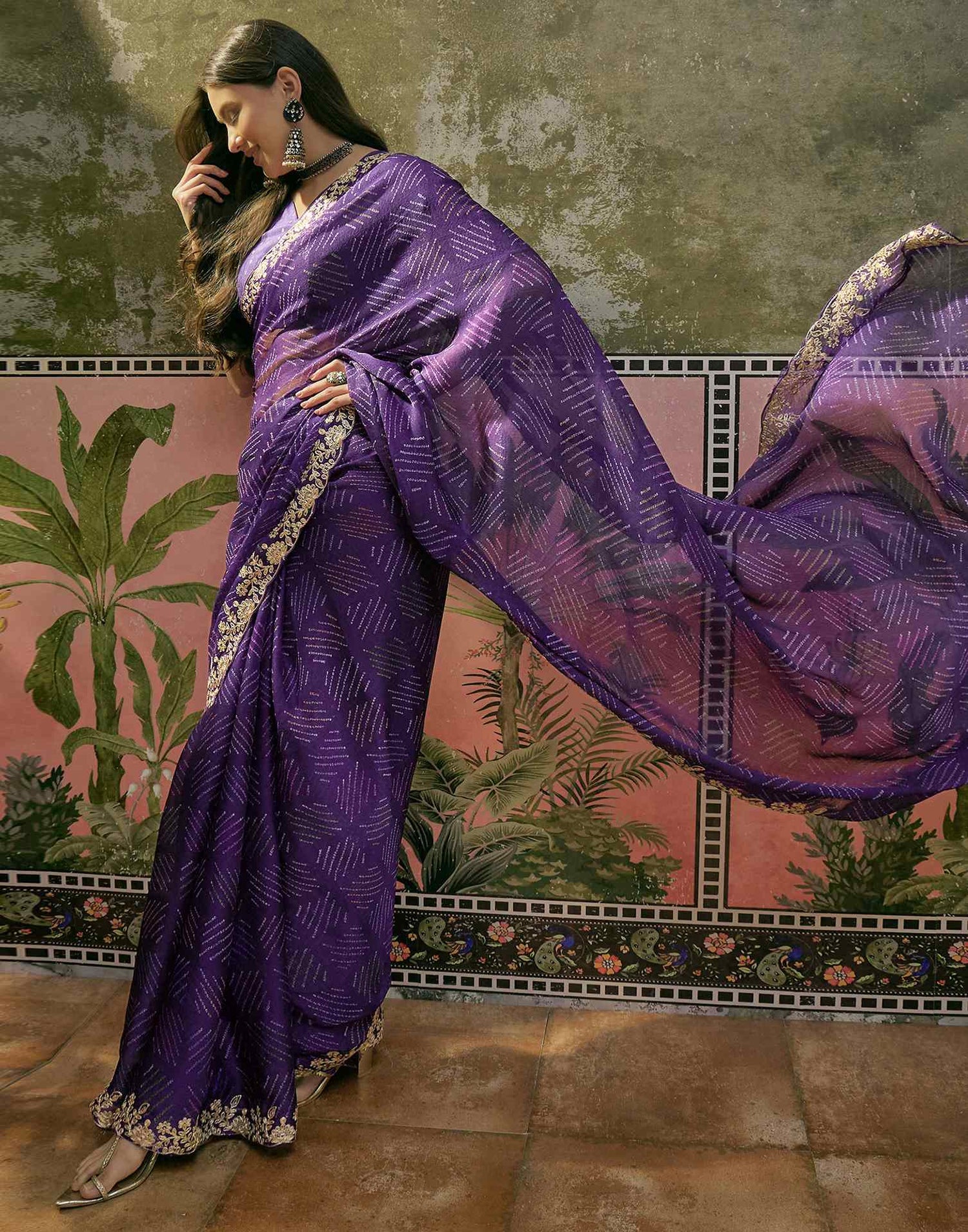 Purple Chiffon Bandhani Printed Embroidery Saree