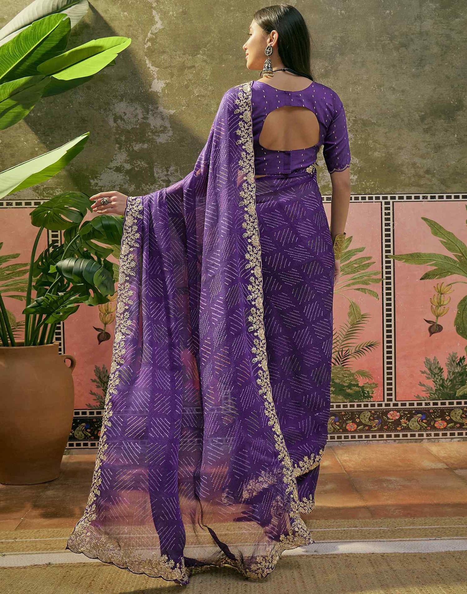 Purple Chiffon Bandhani Printed Embroidery Saree