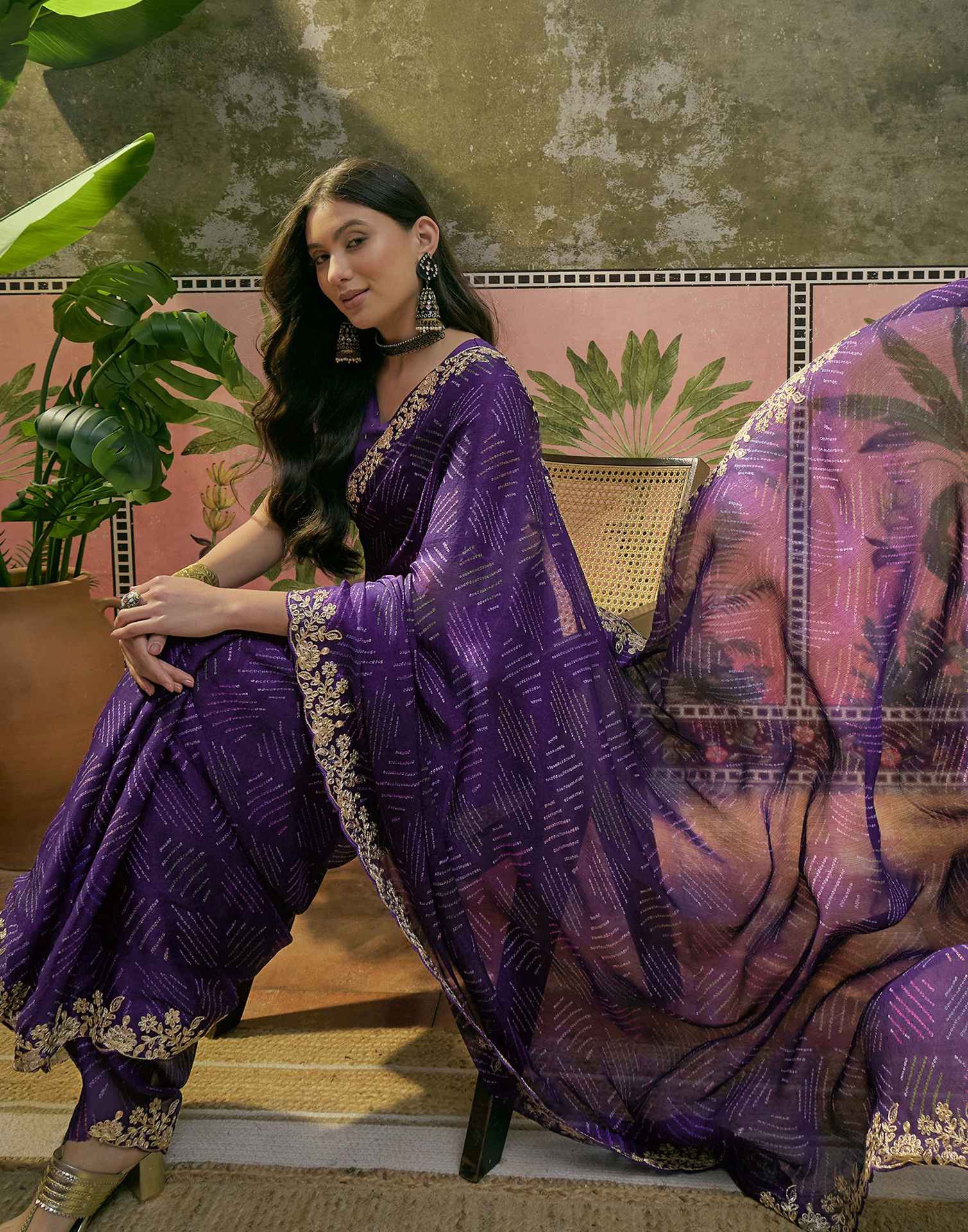 Purple Chiffon Bandhani Printed Embroidery Saree