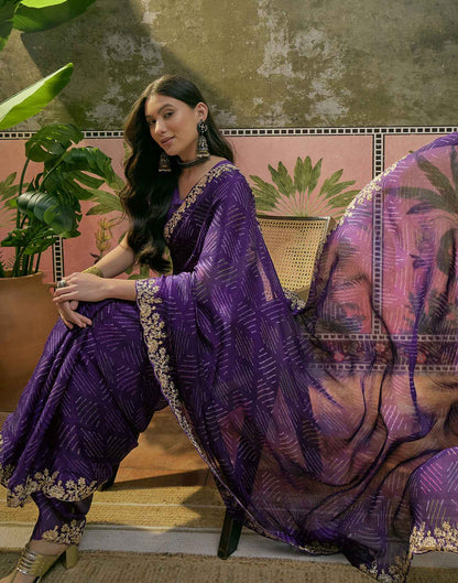 Purple Chiffon Bandhani Printed Embroidery Saree