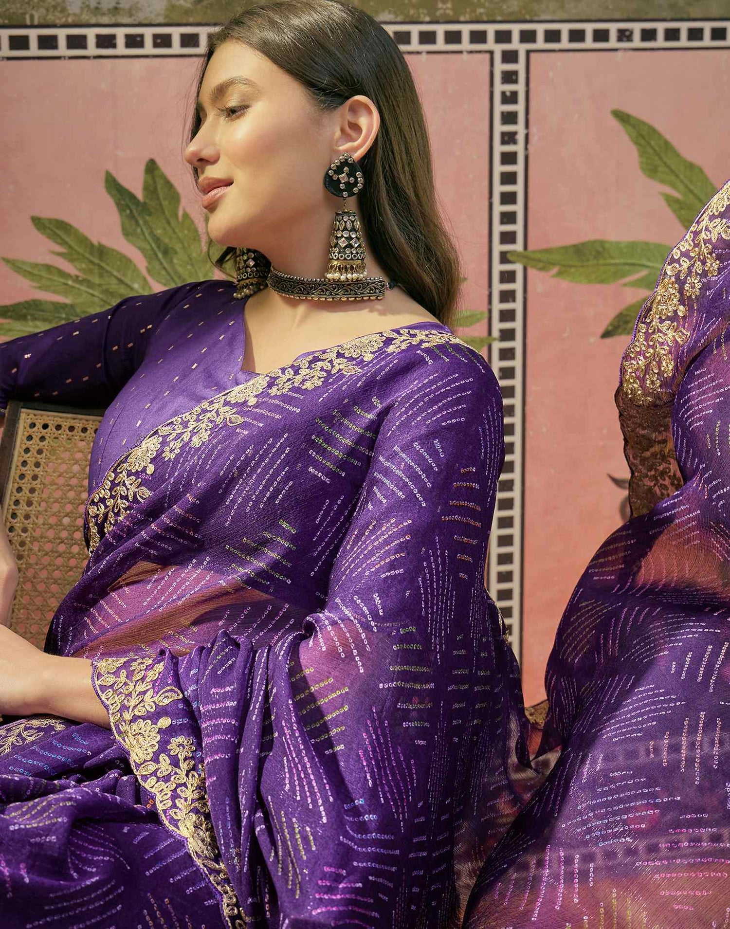 Purple Chiffon Bandhani Printed Embroidery Saree