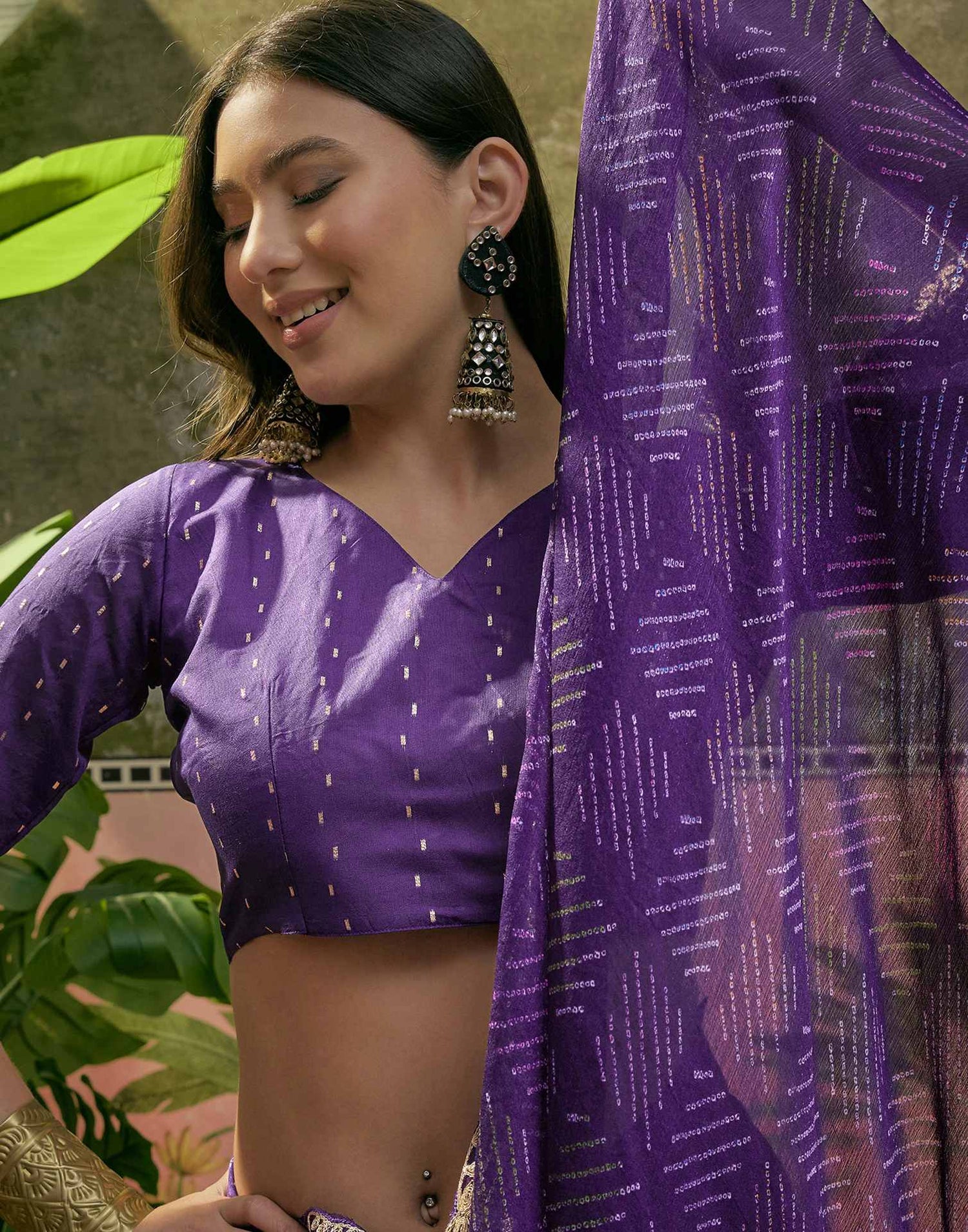 Purple Chiffon Bandhani Printed Embroidery Saree